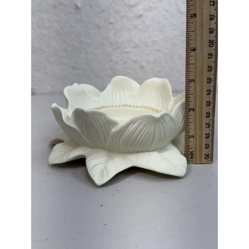 PartyLite Bisque Porcelain Magnolia Lotus Blossom Pillar Candle Holder Gold Bead - Picture 7 of 8